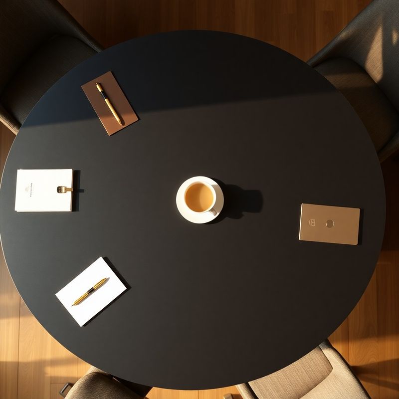 Vedere de sus a unei mese de consiliu antracit cu papetărie aurie și o ceașcă de cafea